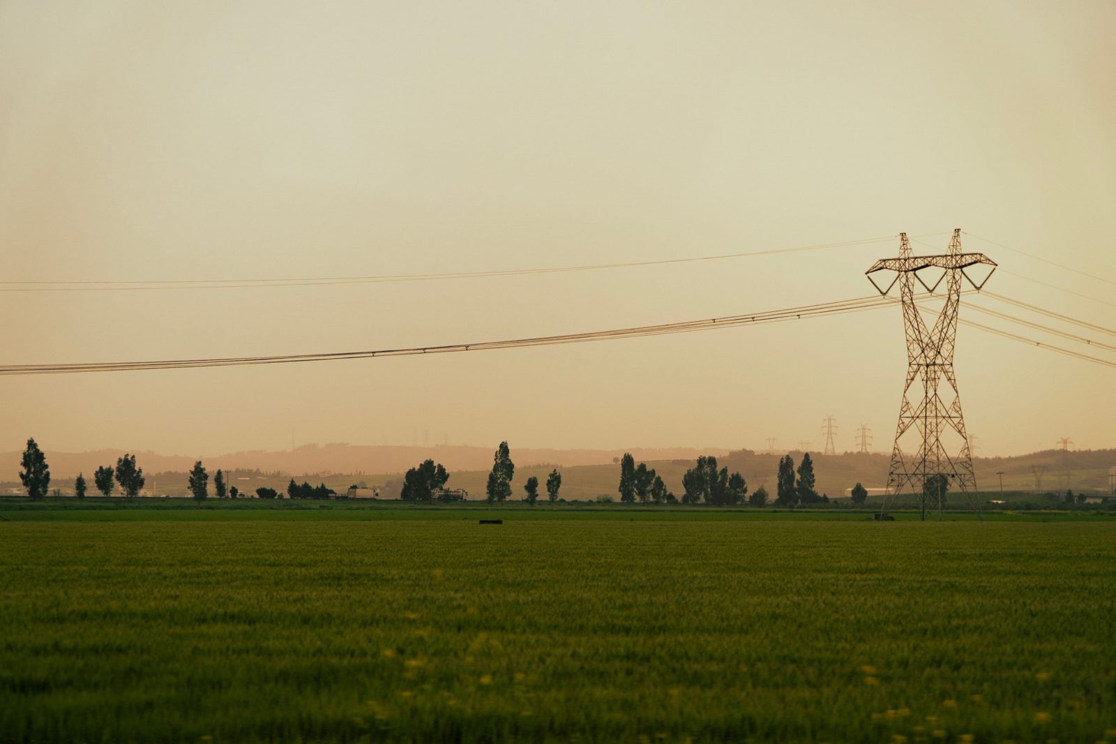 A transmission tower and lines across a green field